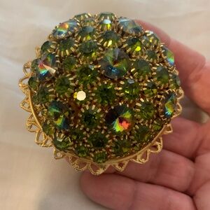 Vintage Large Dome Elegant Green Rhinestones and Gold Brooch Pin
